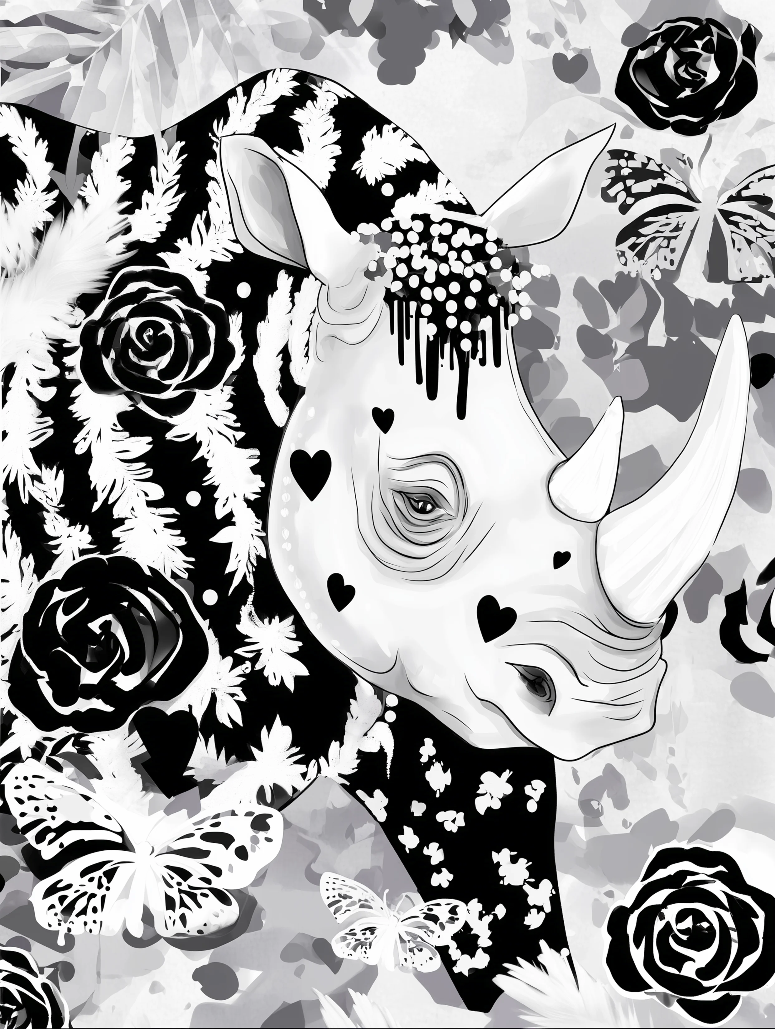 Free printable rhino coloring pages for adults featuring dark roses near rhino